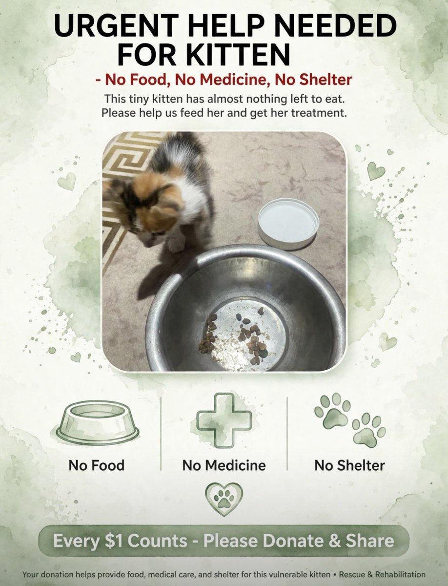 CatGaza_Sos's tweet photo. URGENT HELP NEEDED FOR KITTEN
- No Food, No Medicine, No Shelter

This tiny kitten has almost nothing left to eat. 
Please help us feed her and get her treatment.

Every $1 Counts - Please Donate &amp; Share 🙏🐾 https://t.co/5K3oS6ZZbO https://t.co/3YXjWfPz1U