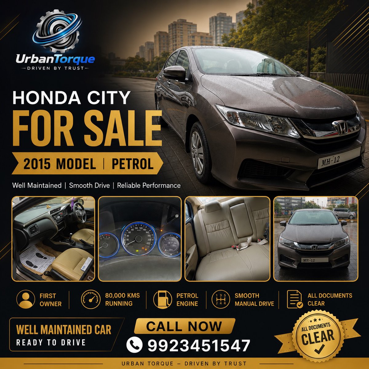 VirgilDunkan's tweet photo. Honda City 2015 Petrol for sale. First owner, 80, 000 km, manual transmission, clear documents, well maintained. Verified by Urban Torque. Located in Pune. Call 9923451547 to book a test drive. https://t.co/2YLPt6vlJQ