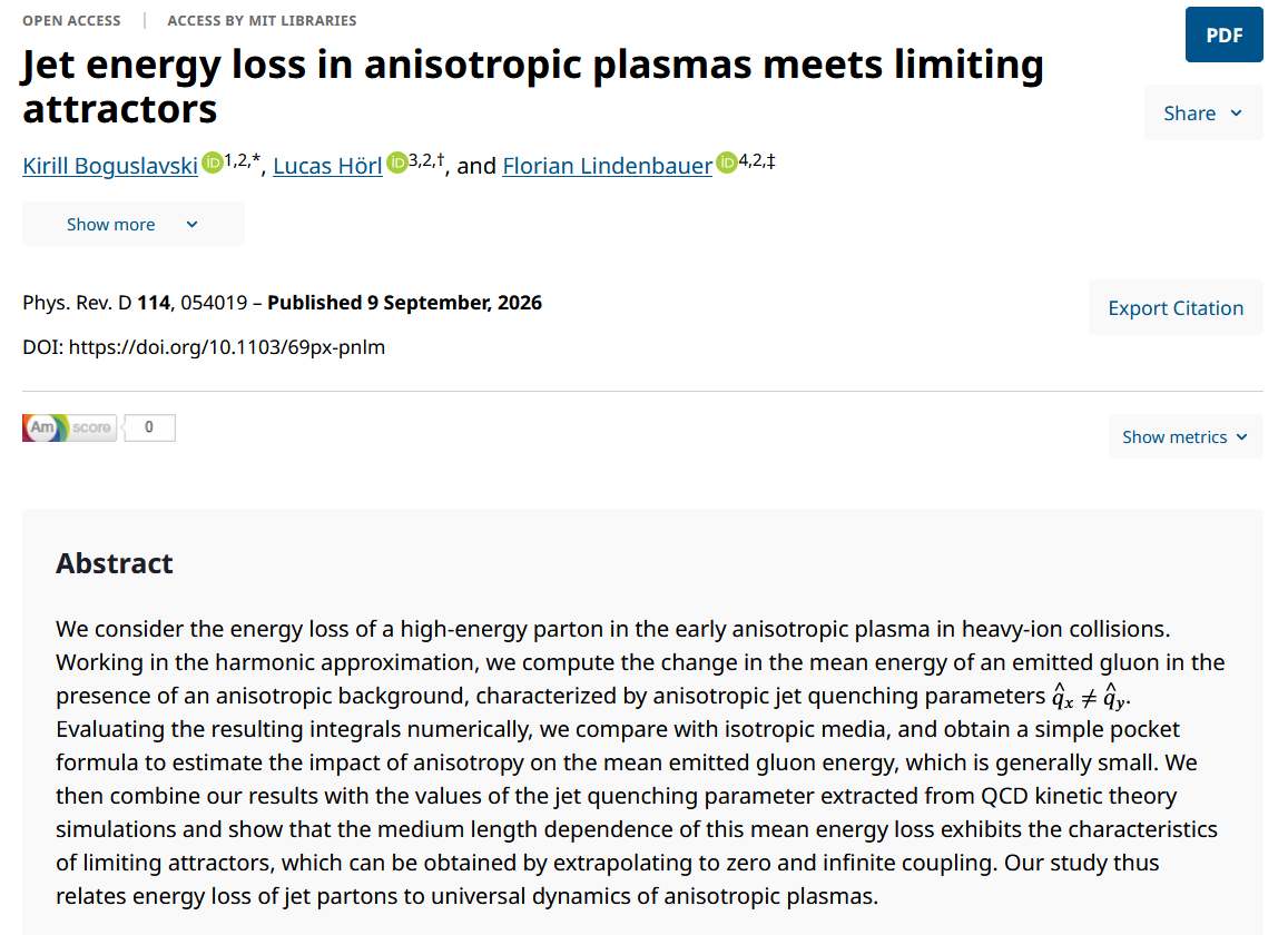 FLindenbauer's tweet photo. Excited to share that our paper ‘Jet energy loss in anisotropic plasmas meets limiting attractors’ is now published in  Physical Review D: https://t.co/ORXYb9gRg3

This paper is set in the world of https://t.co/ww0IR9sHNF