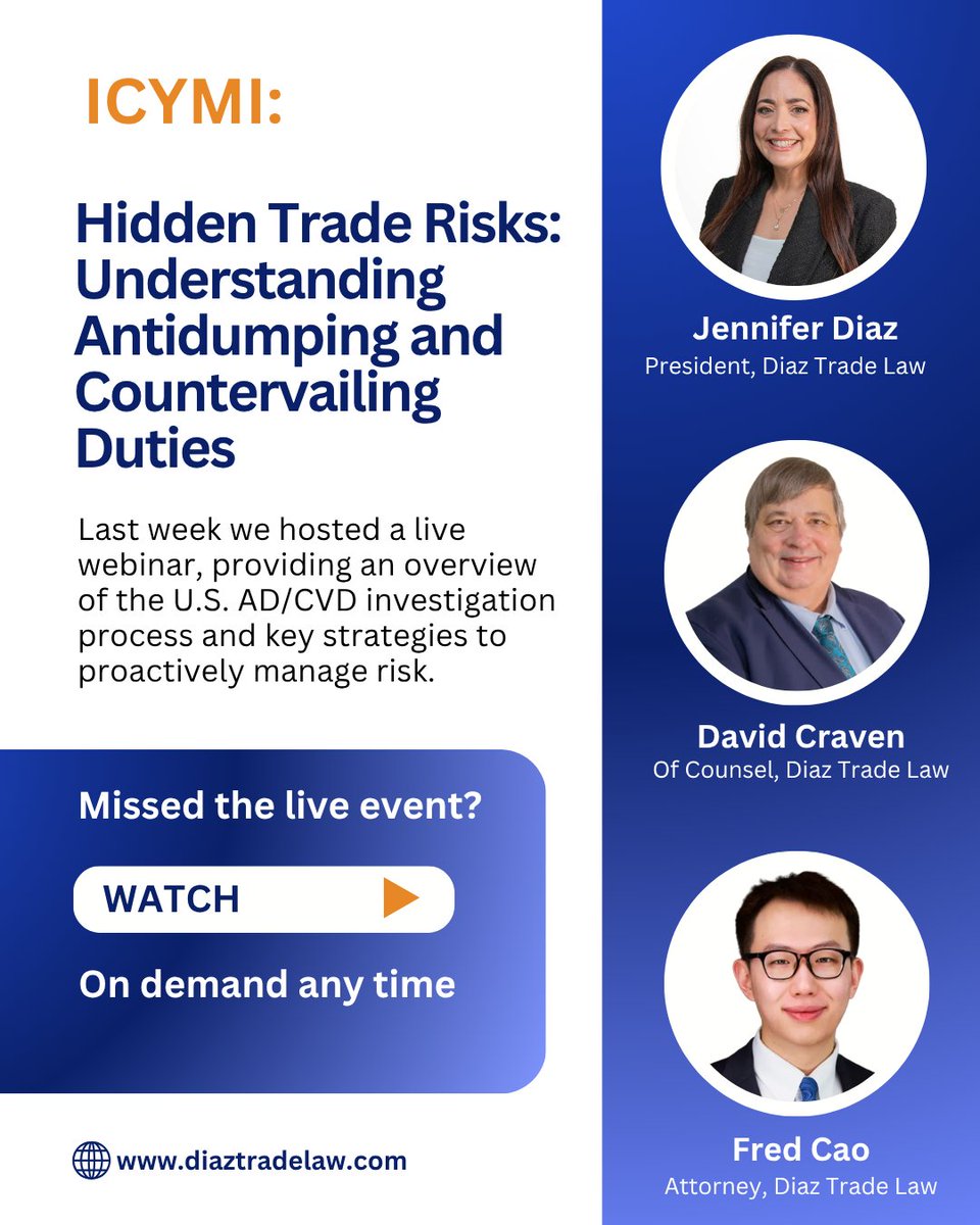 DiazTradeLaw's tweet photo. This one-hour webinar also covers recent developments shaping the AD/CVD landscape and foundational rules to follow when navigating AD/CVD compliance. 

Watch on-demand here. https://t.co/sifo93FFyl

#webinar #tradelaw #tradelawyer #internationaltrade #yourcustomsexpert https://t.co/MgT8Pct7Jl