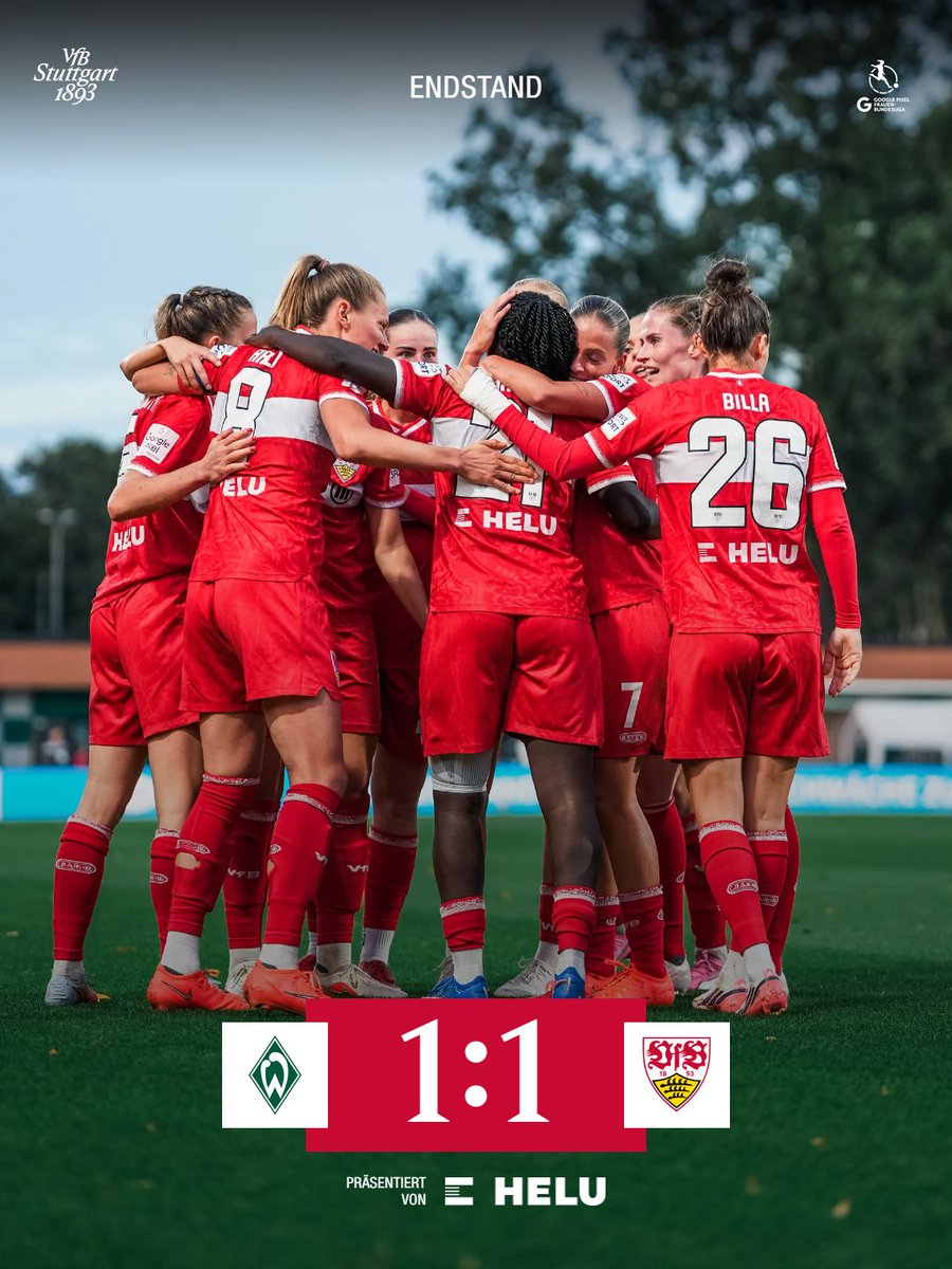 VfB_Frauen's tweet photo. ⏹️ Packende zweite Hälfte am Weserstadion auf Platz 11! Unsere VfB Frauen ziehen durch den Premierentreffer von Mira Arouna (52.) gleich und nehmen gegen den SV Werder Bremen einen Punkt mit nach Hause. Starker Fight, Mädels! 💪

#VfBFrauen | #VfB | #SVWVfB 1:1 | #GPFBL | [Anzeige] HELU
