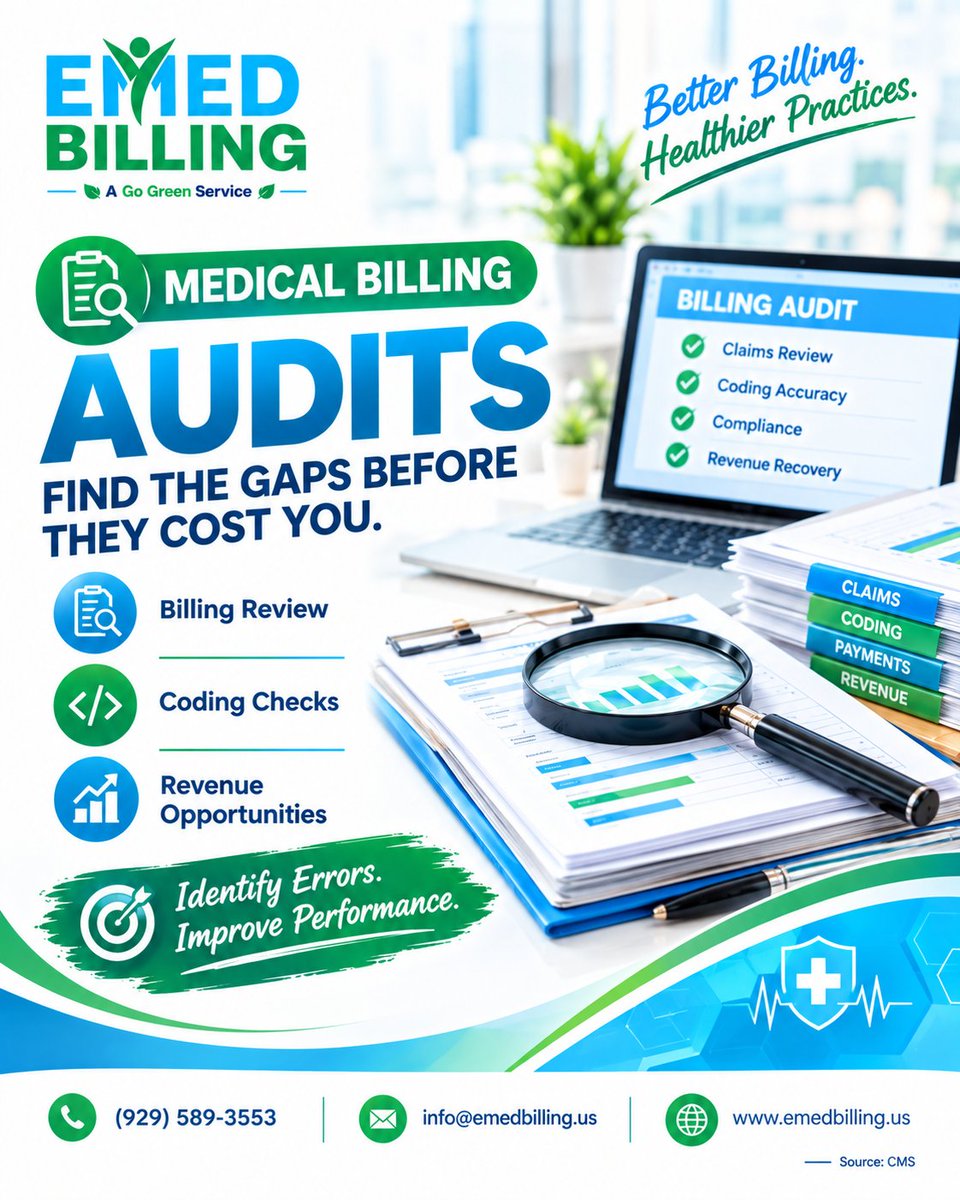 emedbilling2023's tweet photo. 🔍 Medical Billing Audits — find the gaps before they cost you! Billing Review, Coding Checks &amp; Revenue Opportunities. Identify Errors. Improve Performance. Better Billing. Healthier Practices.

📞 (929) 589-3553  
🌐 https://t.co/wFQpgg3VYV

#MedicalBilling #BillingAudit #RCM https://t.co/MmBckyE3DI