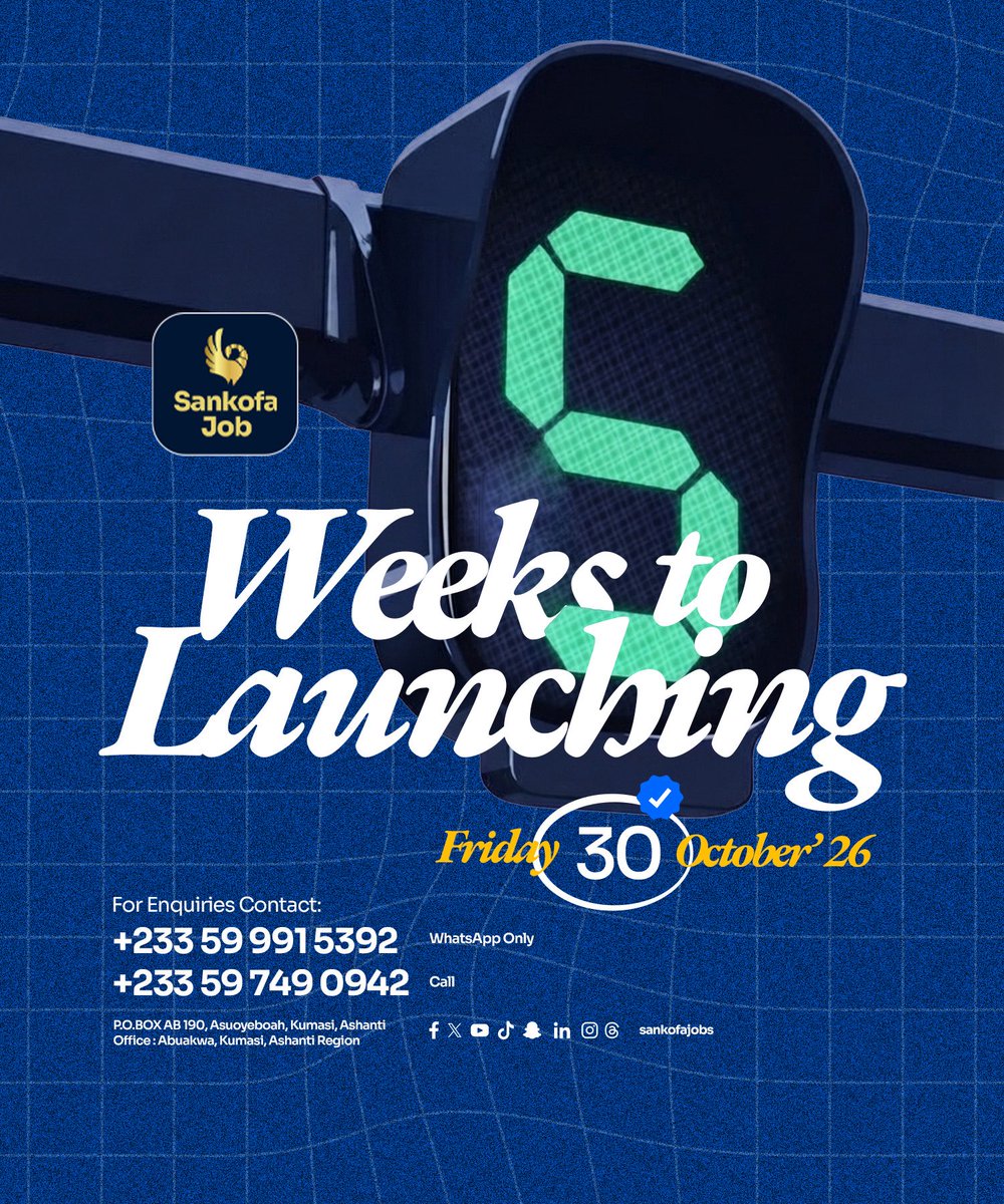 Sankofajobs's tweet photo. Sankofa Job goes live in 5 weeks. More jobs, more employers, and real earning lanes built for Ghana.
Sign up today at https://t.co/fraBTufrap.

#SankofaJob https://t.co/Wwh6UadxJw