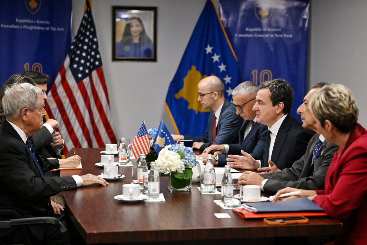 albinkurti's tweet photo. A pleasure to meet with @RepJoeWilson on the margins of UNGA81. I appreciate the Congressman’s commitment to ensuring that our region remains anchored in democratic values and in strong alliances among democratic partners.

We spoke about the country’s growth, including the increase in the defense budget to above 2%.

We discussed our goal of NATO membership, the continuation and advancement of cooperation with the United States, and the partnership between the Kosova Security Force and the Iowa National Guard, which has been in place since 2011.

We paid particular attention to the Albanians of Presheva, Bujanoc, and Medvegja, including their underrepresentation in public institutions, the police, judiciary, and healthcare; the passivization of addresses, barriers to education in the Albanian language, and the non-recognition of diplomas obtained in Kosova.