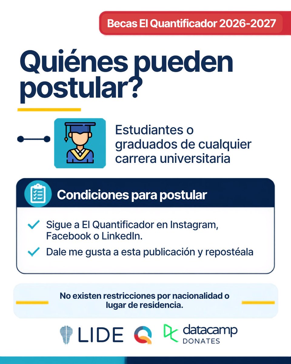 ElQuantificador's tweet photo. 🎓 ¡Convocatoria abierta! Becas El Quantificador 2026–2027.
El @LaboratorioLIDE y @DataCamp ofrecen becas para estudiantes universitarios y graduados.
📊Licencia gratuita + cursos de ciencia de datos.
📅 Postula hasta el 20 de octubre de 2026.
👉Postula: https://t.co/sWo80qOM3O https://t.co/V61y0Z5bDt