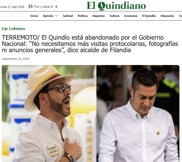 Adrivillegas's tweet photo. "El alcalde de Filandia dejó sentir el malestar con la escasa ayuda que el Gobierno Nacional tras el terremoto del pasado 10 de agosto. Dijo que todos los municipios del Quindío están solos y aislados por el Gobierno Nal en el proceso de reconstrucción". https://t.co/U1RUkTdXVP https://t.co/wWcFIndxs5