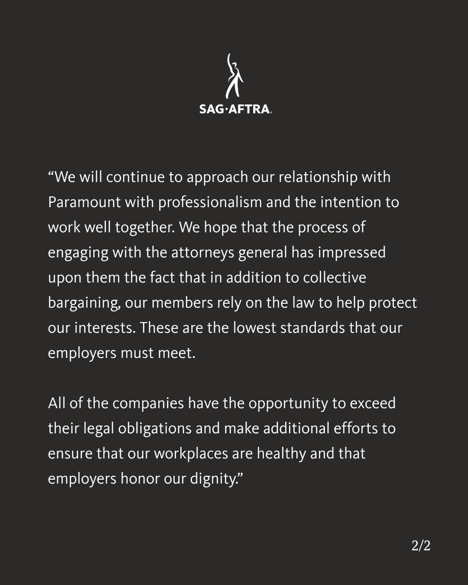 sagaftra's tweet photo. A Statement From SAG-AFTRA President Sean Astin and National Executive Director &amp; Chief Negotiator Duncan Crabtree-Ireland Regarding Paramount/Warner Bros. Antitrust Settlement 

https://t.co/TBTuiLrI6g https://t.co/DplpvKA67V