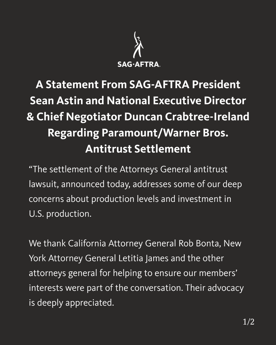 sagaftra's tweet photo. A Statement From SAG-AFTRA President Sean Astin and National Executive Director &amp; Chief Negotiator Duncan Crabtree-Ireland Regarding Paramount/Warner Bros. Antitrust Settlement 

https://t.co/TBTuiLrI6g https://t.co/DplpvKA67V