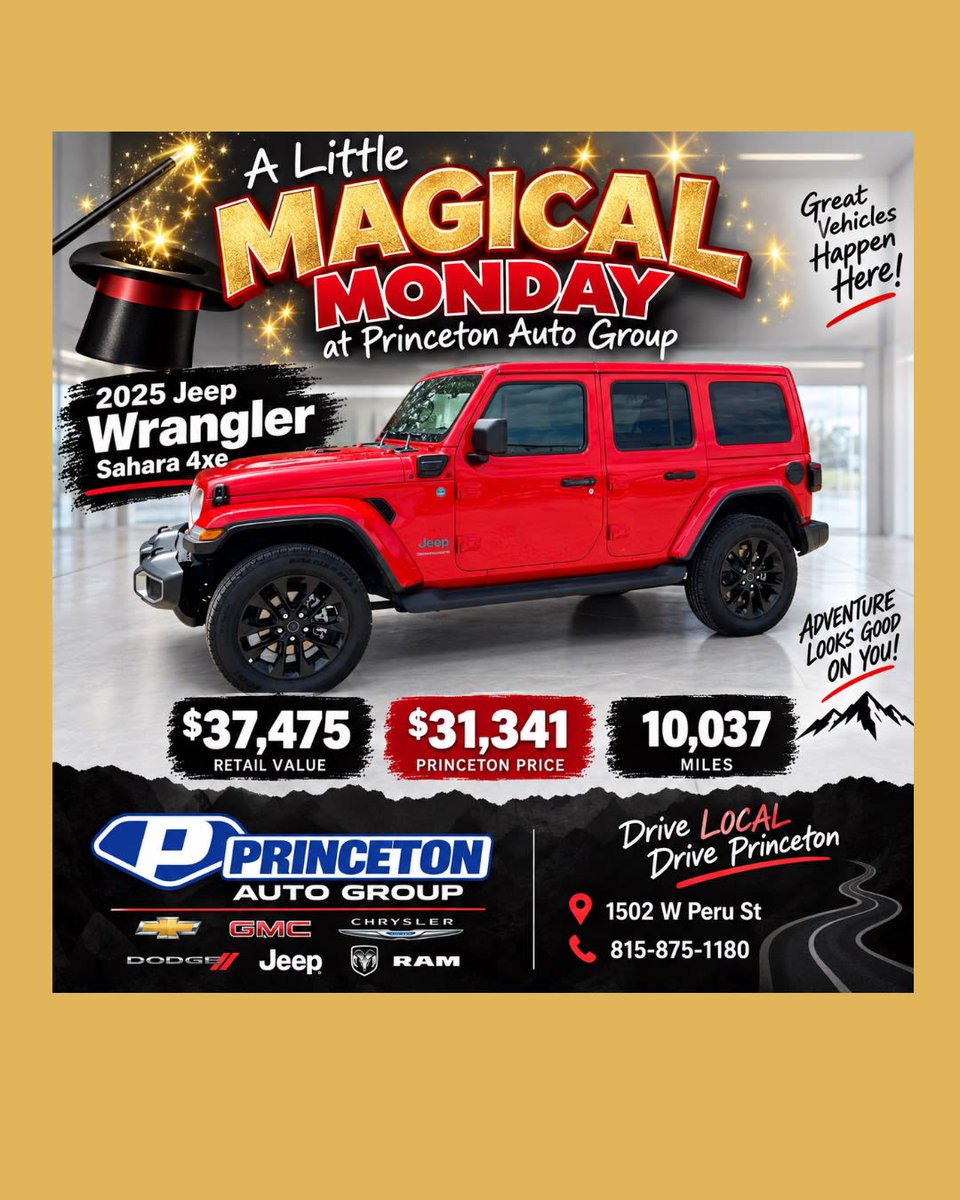 princeton_auto's tweet photo. Little Magical Monday at Princeton Auto Group! β¨
π 2025 Jeep Wrangler Sahara 4xe
π° Retail: $37,475
π₯ Princeton Price: $31,341
π£οΈ Only 10,037 miles!
Drive LOCAL. Drive Princeton. β€οΈ
π 1502 W Peru St | π 815-875-1180
#MagicalMonday #PrincetonAutoGroup #JeepWrangler https://t.co/RrzA8YDoOC