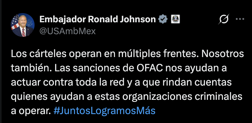 azucenau's tweet photo. 🔴🇺🇸 El embajador de Estados Unidos en México, Ronald Johnson, afirmó que los cárteles operan en distintos frentes y señaló que las sanciones de la OFAC permiten actuar contra las redes vinculadas con estas organizaciones criminales y responsabilizar a quienes las apoyan. https://t.co/lvt2smE9bM