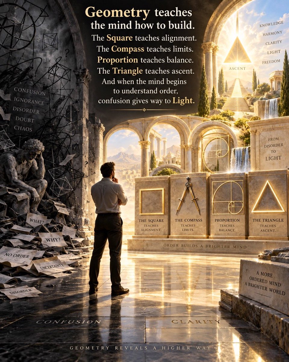 THAEDLIGHT's tweet photo. Geometry teaches the mind how to build. The Square teaches alignment. The Compass teaches limits. Proportion teaches balance. The Triangle teaches ascent. And when the mind begins to understand order, confusion gives way to Light.  🔺 https://t.co/aKh4qMgaBY