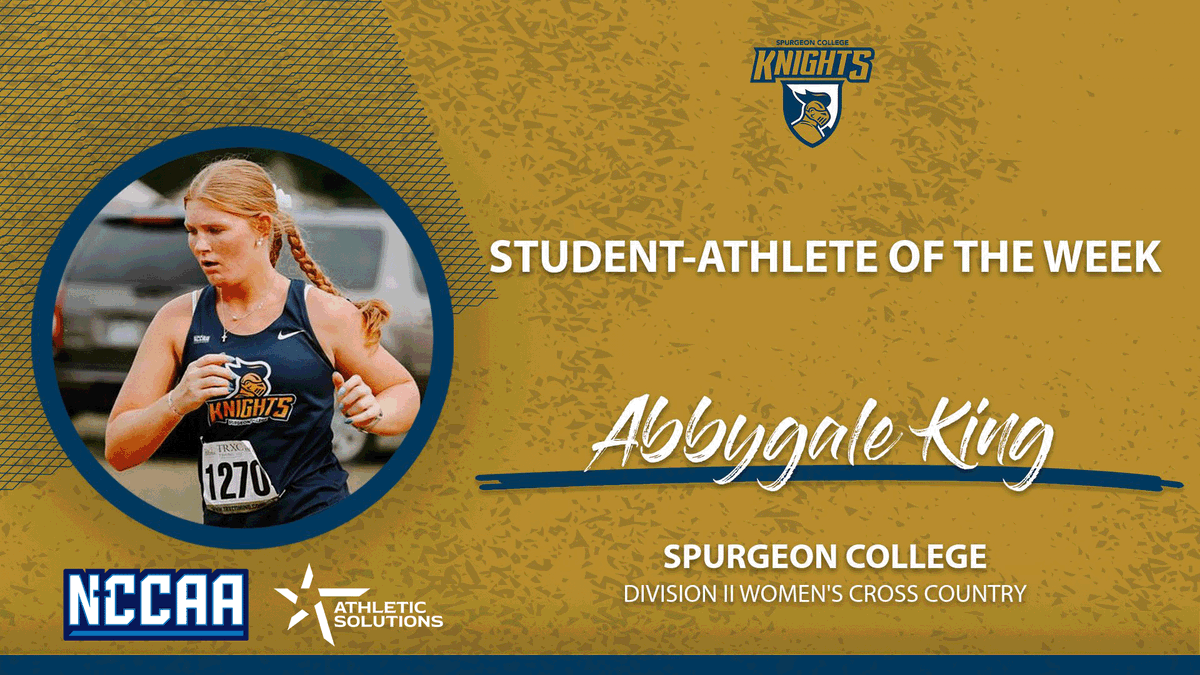 TheNCCAA's tweet photo. 👟 Student-Athlete of the Week 👟 
Presented by @ath_solutions
Division II Women's #NCCAACrossCountry
𝐀𝐛𝐛𝐲𝐠𝐚𝐥𝐞 𝐊𝐢𝐧𝐠, Spurgeon College 
https://t.co/2YNmowQ4hh | #PlayforHim https://t.co/3KS2HNtjHw