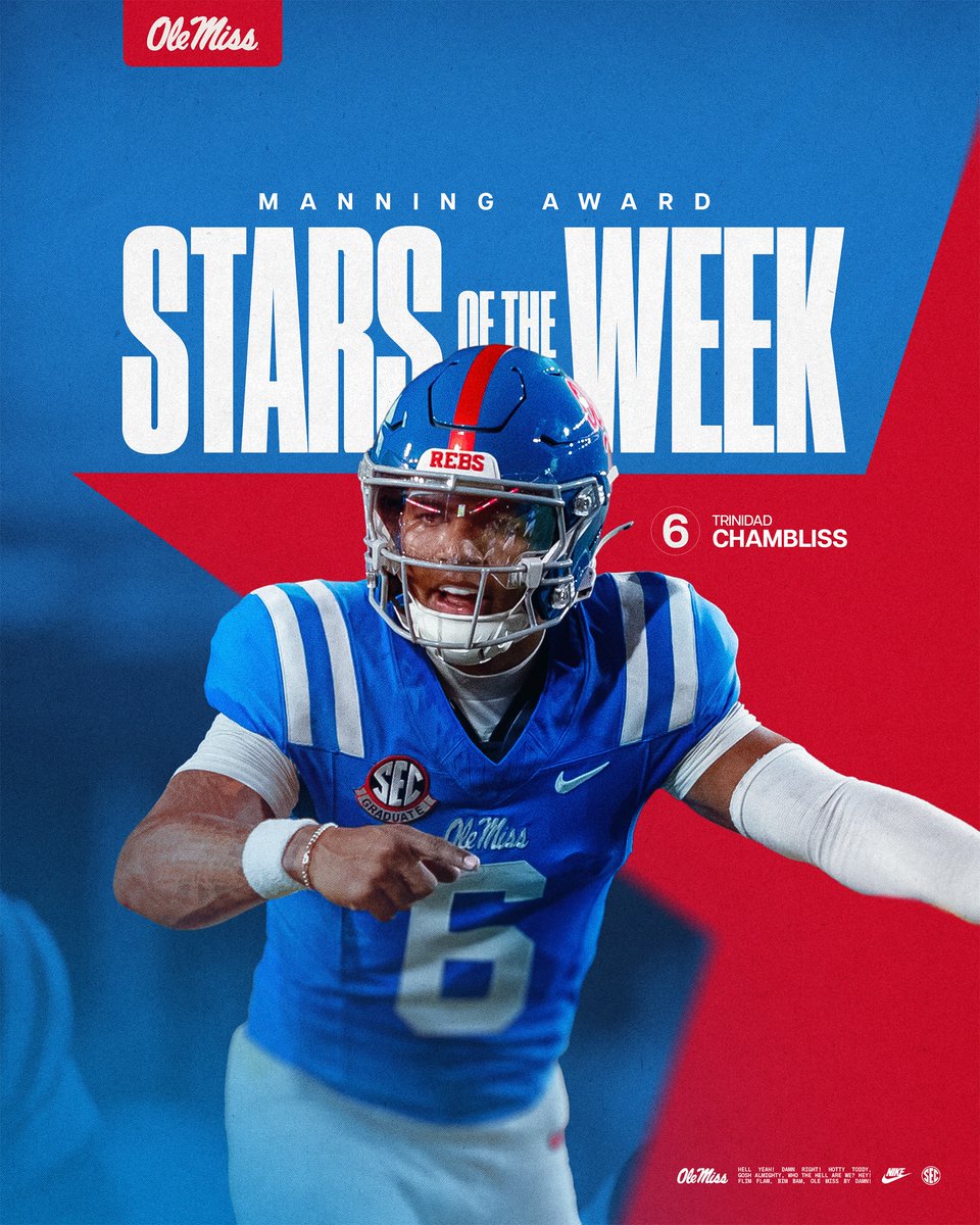 OleMissFB's tweet photo. Manning Award Stars of the Week 📈 @TrinidadChambl1 https://t.co/Xi4fj5tQaT