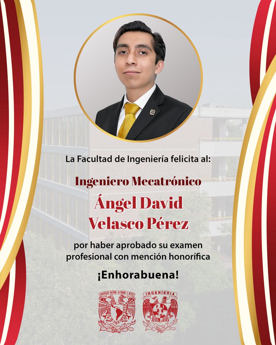 FIUNAM_MX's tweet photo. La Facultad de Ingeniería felicita al Ingeniero Mecatrónico Ángel David Velasco Pérez por haber aprobado su examen profesional con mención honorífica.
¡Felicidades!
#OrgulloFI ❤️🤍
#EnLaFIHacemosCiencia ✨
@DIMEIFIUNAM https://t.co/Umk6ssE23f