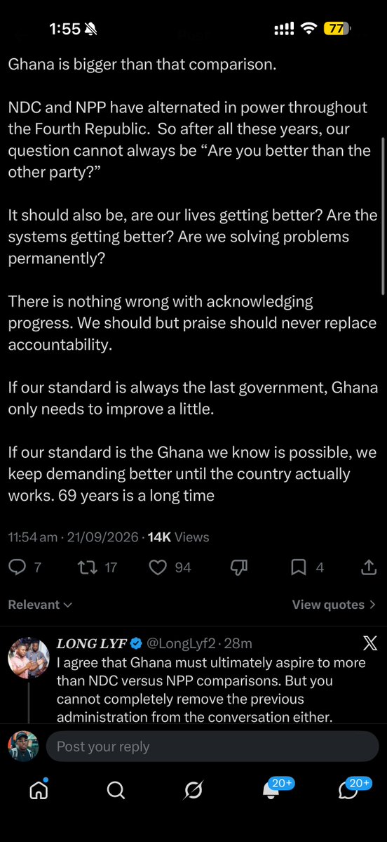 gyaigyimii's tweet photo. You clearly didn't read to understand , you read to reply cos you have an audience to feed and that is okay. But hear me out 

My initial post I said "WE HAVE OUR FLAWS BUT THE CURRENT GOVERNMENT HAS BEEN AN UPGRADE OF THE PREVIOUS ADMINISTRATION"

And you said in your own words “I don't like how every new government is measured against the government that came immediately before it"

I replied with a question which  you haven’t answered "Which country in this world doesn't compare its current government to the one that came before it?” 

I doubled down with my point
 "The previous NPP government is not EVEN THE BAR FOR JUDGING GOOD GOVERNANCE. Conversations like these need to be have constantly to remind people of where we were us a country, where we are now and where we want to be"

You reply with “I think we're mixing up comparison with standards.
We should compare a government to what it inherited. That tells us whether things improved.
What I'm saying is improvement alone is not success.”

Once again Nana B, you can’t compare governments with what they inherited without roping in the previous government. It is never heard of. Comparisons are one of the most practical ways to establish and test standards. To determine whether performance has improved or deteriorated, you usually need something to compare it against: the previous government, the previous year or the target that was set. 

Let's stop going in circles it’s tiring