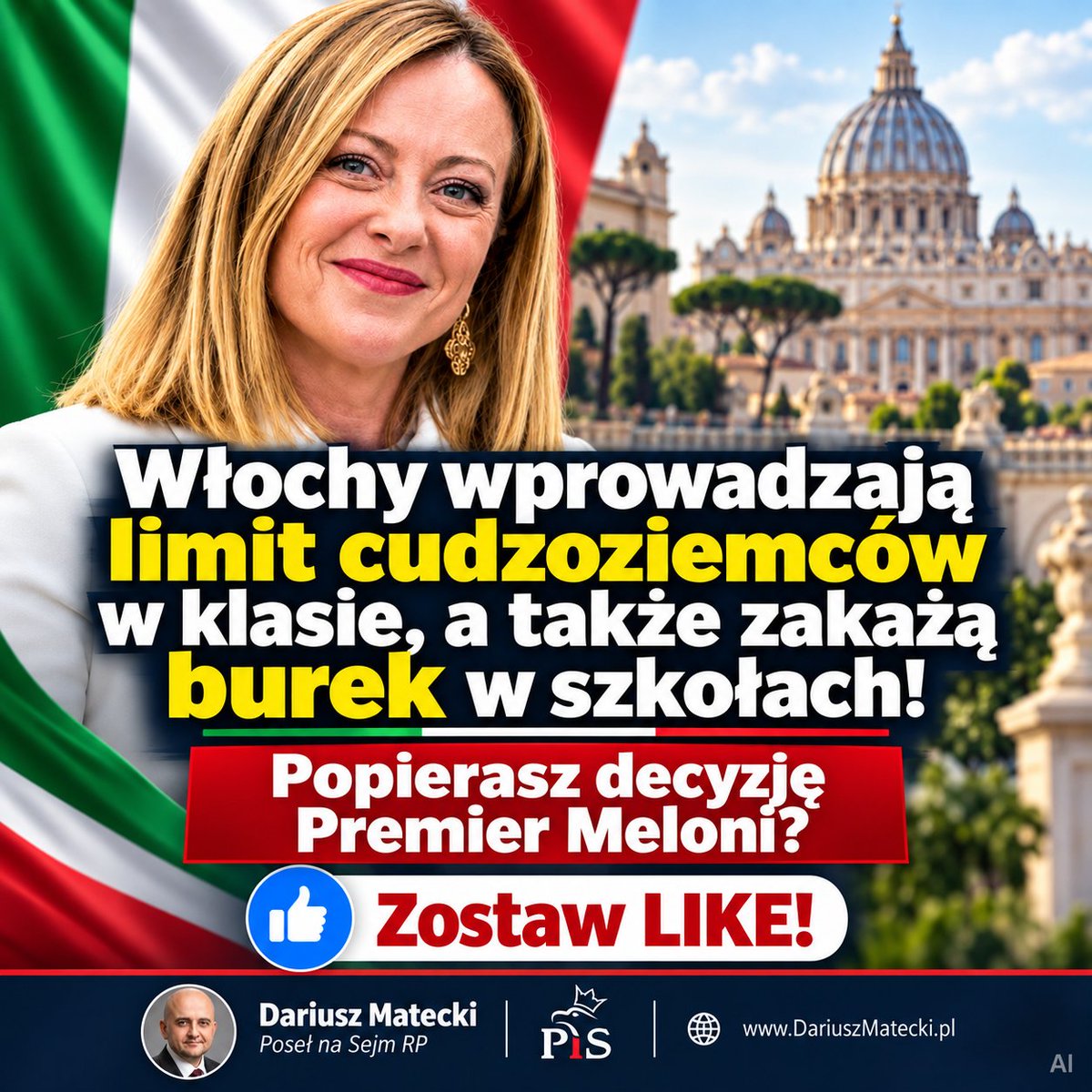 DariuszMatecki's tweet photo. Włochy stawiają na zdrowy rozsądek i obronę własnej tożsamości! Rząd Giorgii Meloni wprowadza konkretne zasady: limit cudzoziemców w klasach oraz zakaz noszenia burek w szkołach. Żadnej fałszywej poprawności politycznej, żadnego cofania się przed radykalizmem. Szkoła ma uczyć języka, historii i szacunku dla gospodarzy, a nie uginać się pod obcą presją kulturową. Czas, aby cała Europa poszła tym śladem i postawiła bezpieczeństwo oraz integrację ponad lewicowe dogmaty! 🇮🇹📚🛑   Zgadzasz się? Zostaw 👍 i udostępnij!