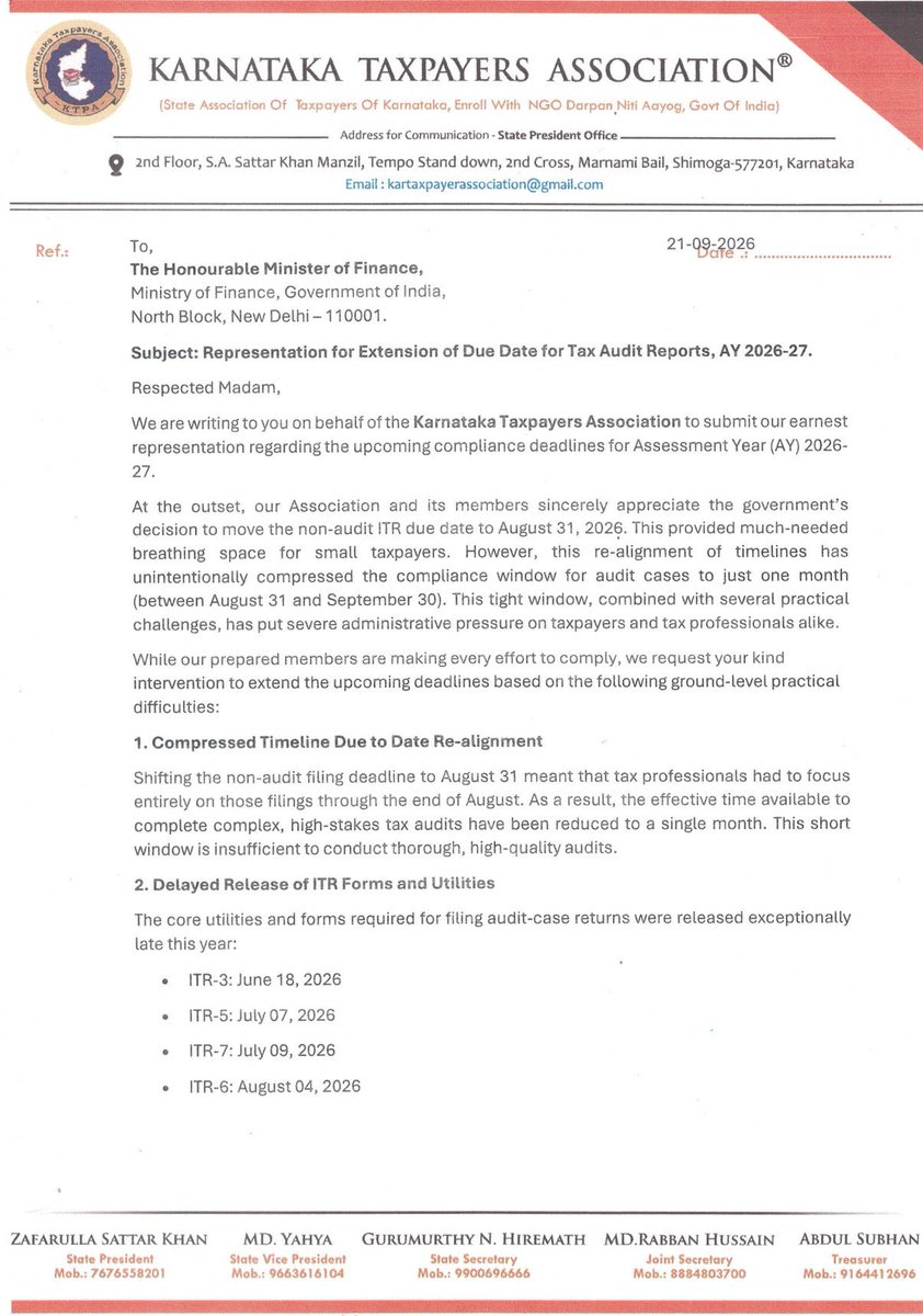 vaibhavgadeka13's tweet photo. Karnataka Taxpayer Association Represent For Tax Audit Due Date Extension upto 31st Oct, 2026

#ExtendTaxAuditdate https://t.co/Tt6Lq6gJCt
