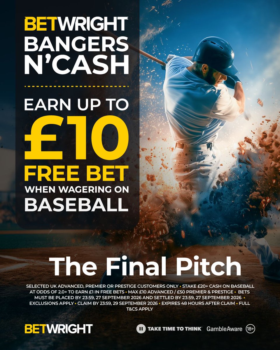 BetWrightUK's tweet photo. Another Banger, with the Final Pitch!

Earn up to £10 FREE BET when wagering on Baseball ⚾️

Last chance to hit one out of the park!

#BetWright #BetTheWrightWay #baseball #FreeBet

18+ Only | https://t.co/K38iqLu1Sh https://t.co/x0tTW0texj