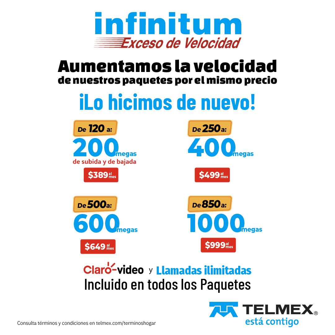Telmex's tweet photo. ⚡ ¡Más velocidad, por el mismo precio!

¡Lo hicimos de nuevo! En Telmex aumentamos la velocidad de nuestros Paquetes Infinitum sin cambiar el precio.

Más velocidad para 🎬 disfrutar, 💻 trabajar, 🎮 jugar, 📚 estudiar y 📱 conectar todos tus dispositivos.

Conoce más aquí: https://t.co/JZ8lXa6l81