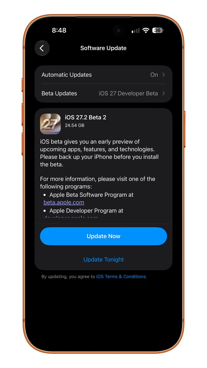 9techeleven's tweet photo. iOS 27.2 Beta 2 has been released https://t.co/G2Ollohx2Q