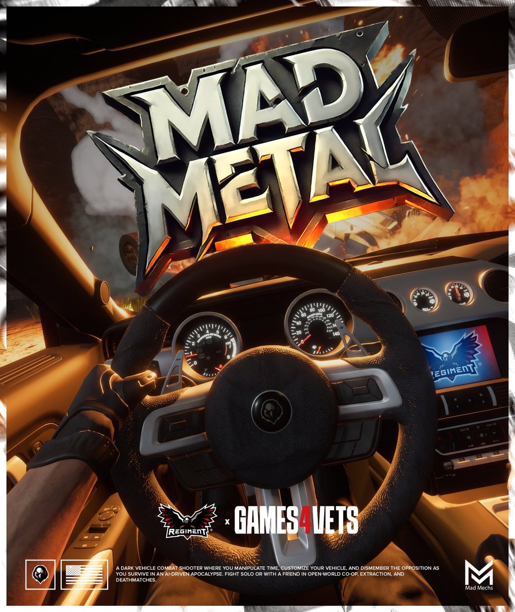 RegimentGG's tweet photo. Your car is your loadout. 🔥

Build it, take it into an AI-run apocalypse, and when something comes at you, slow time and shoot the one part that matters instead of dumping everything into the whole vehicle.

Mad Metal from @MadMechsGame, free through Games4Vets ⬇️ https://t.co/cxetJOW14r