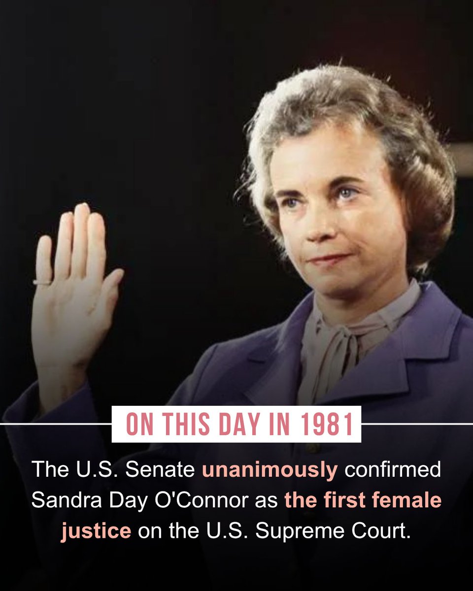 WPLNetwork's tweet photo. On September 21, 1981, Sandra Day O'Connor became the first female Supreme Court Justice in U.S. history after the U.S. Senate unanimously confirmed her by a 99-0 vote.

Learn more about #HERstory: https://t.co/XyVqZGHcRg https://t.co/JxlugorE7v
