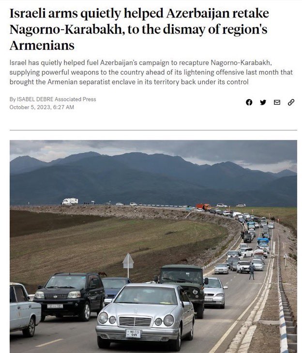 3lfares's tweet photo. For those who don’t know:

Israel was directly involved in the ethnic cleansing of Armenians from Artsakh. https://t.co/dmoxN1fTD0