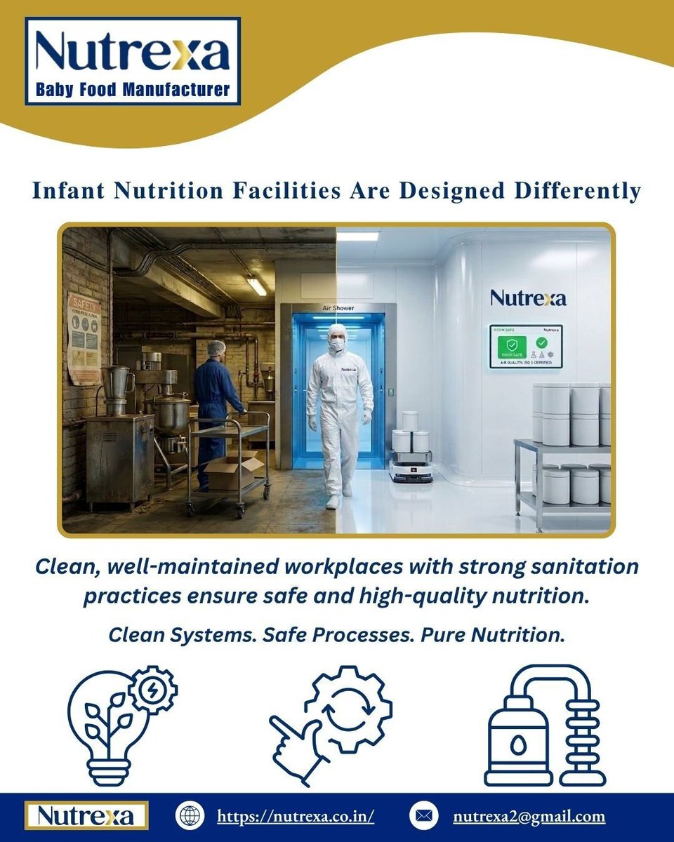 Nutrexa_'s tweet photo. Infant nutrition demands a higher level of care, precision, and control. That’s why our workplaces are designed with a strong focus on cleanliness, hygiene, and strict sanitation practices.

#InfantNutrition #HygieneStandards #SafeProcesses #PureNutrition #NutrexaInternational https://t.co/blarns7dwn