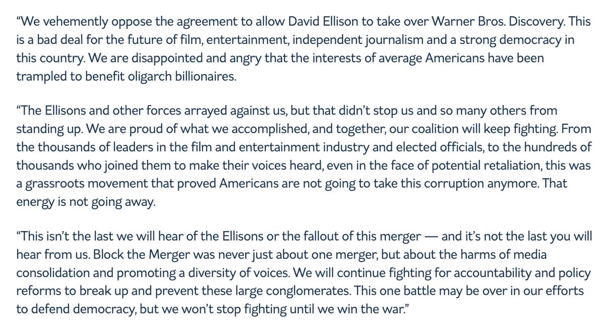 NormEisen's tweet photo. The deal handing Warner Bros. Discovery to Ellison is BAD for film, independent journalism &amp; our democracy

This battle may be over but our fight is not

@DDAction_ &amp; partners in the #BlockTheMerger Coalition will be watching the Ellisons, &amp; you'll be hearing from us👇 -TN https://t.co/gDhP3biUB7