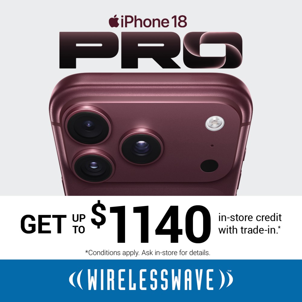 stoneroadmall's tweet photo. Wireless wave-Get up to $1140 in-store credit with trade-in for the iPhone 18 Pro.*
*Conditions apply. Ask in-store for details. #stoneroadmall #staytrue #iphone18promax https://t.co/Tkp9BNSeWi