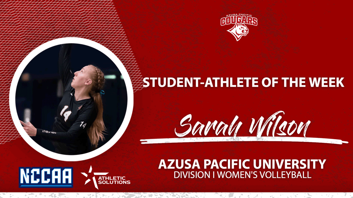 TheNCCAA's tweet photo. 🏐 Student-Athlete of the Week 🏐
Presented by @ath_solutions
Division I Women's #NCCAAVolleyball - Offensive
𝐒𝐚𝐫𝐚𝐡 𝐖𝐢𝐥𝐬𝐨𝐧, Azusa Pacific University
https://t.co/ATxTb6Sb45 | #PlayforHim https://t.co/gmUuCcxJIu