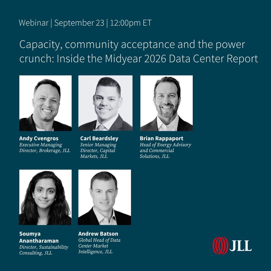 JLL's tweet photo. This Wednesday, join JLL experts for a closer look at the forces shaping this record-setting growth and what comes next for the data center industry.

📍Save your seat: https://t.co/0uLr4jc1fx https://t.co/vIgNNjre4r