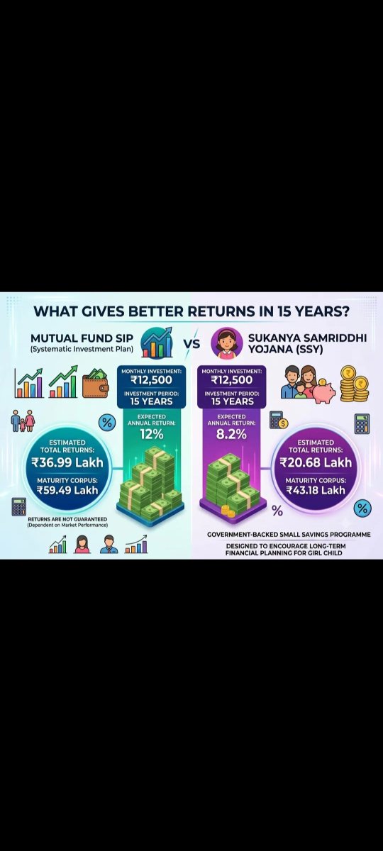 prathamesh9247's tweet photo. 🔥 MUTUAL FUND SIP vs. SSY: THE POWER OF EQUITY!🔥

Why settle for less when your money can grow BIGGER & FASTER? 🚀💰

Here is what happens when you invest ₹12,500/month for 15 Years: 

​📉 Sukanya Samriddhi Yojana (SSY)

​Expected Return: 8.2%

Total Wealth Built: ₹43.18 Lakh

​🚀 Mutual Fund Equity SIP

Expected Return: 12%

Total Wealth Built: ₹59.49 Lakh

💥 *THE REALITY CHECK:

That’s a massive ₹16.31 LAKH EXTRA PROFIT with Mutual Funds for the exact same monthly investment! 💸📈

Don't let inflation eat your long-term wealth! Make smart moves today. ⚡🔥