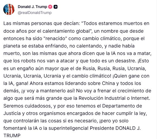 whatsupcripto's tweet photo. 🚨 El presidente Trump afirma que EE.UU. lleva ventaja sobre China en inteligencia artificial y sostiene que no frenará el desarrollo de una tecnología que, según él, será más grande que la Revolución Industrial o el Internet.

🤖 “Solo voy a fomentar la IA o la SI (Superinteligencia)”.