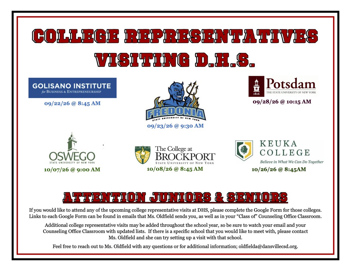 DansvilleCSD's tweet photo. REMINDER: There’s a lot of great opportunities to learn about local colleges and universities coming up right here in #Dansville, the first of which is TOMORROW!
1/1 https://t.co/arLGA0LMjh