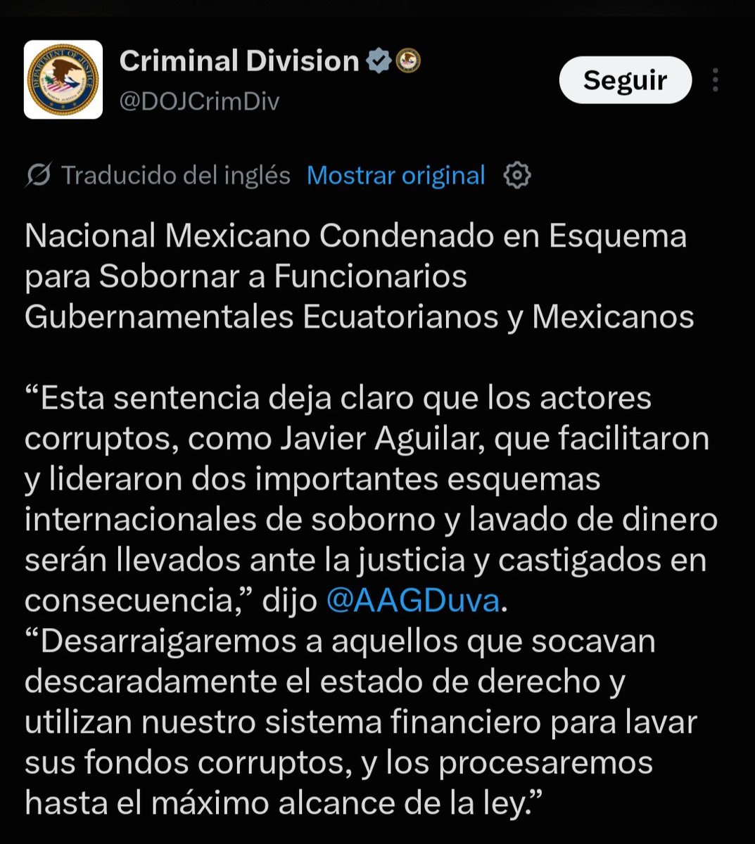azucenau's tweet photo. 🚨Un ciudadano mexicano fue condenado por liderar una red internacional de sobornos a funcionarios gubernamentales en México y Ecuador, además de lavar dinero. 

El Fiscal General Adjunto de EU, A. Tysen Duva, señaló que erradicarán a quienes socaven el estado de derecho y procesarán los delitos con todo el peso de la ley.