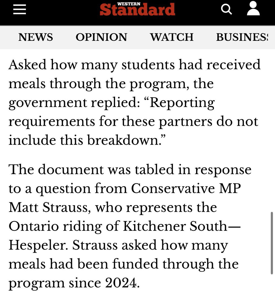 strauss_matt's tweet photo. The Liberals announced $1,000,000,000 spending on a “national school food program” back in April, 2024.

I don’t know *any* students who got a free lunch in Kitchener or Hespeler.

So I asked the government how many lunches were provided with this money.

Turns out they don’t know!