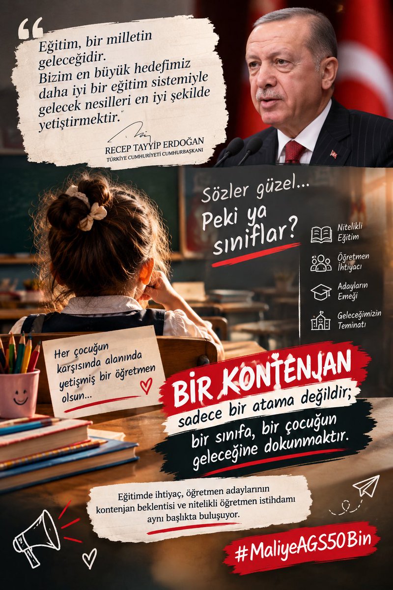 atanacagizz's tweet photo. Sayın Cumhurbaşkanımız ve Hazine ve Maliye Bakanlığımıza;

2026 AGS kapsamında öğretmen adaylarının beklentilerini ve eğitimdeki öğretmen ihtiyacını dikkate alan yeterli kontenjanın belirlenmesini talep ediyoruz.

#MaliyeAGS50Bin https://t.co/FZBm9sDH18