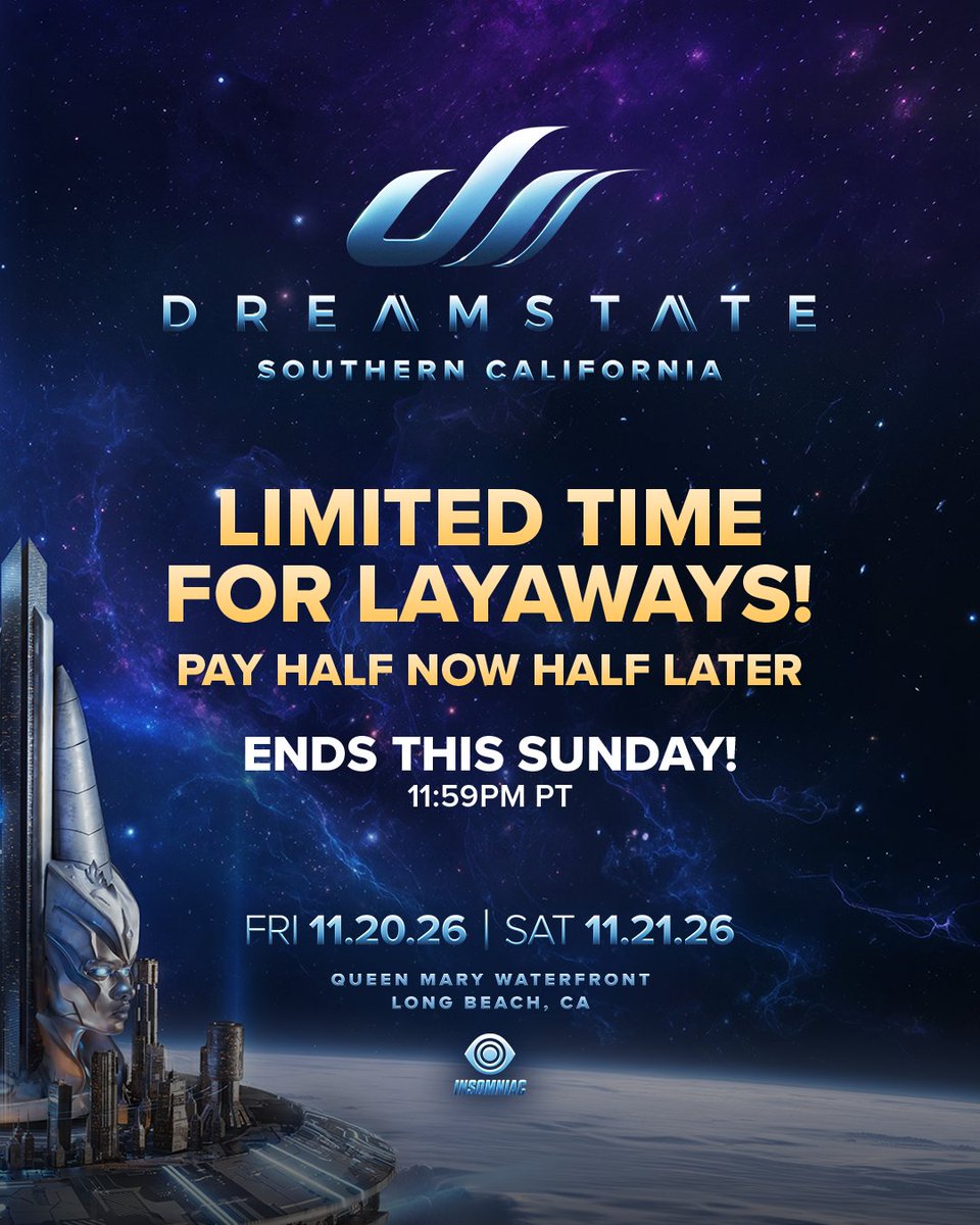 DreamstateUSA's tweet photo. Dreamstate is closer than you think 🌌  Lock in your layaway plan before the offer fades away 🌀⏳ https://t.co/ESDzjFhHpa