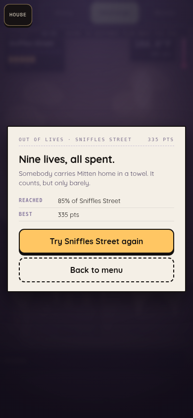 thesickkitten's tweet photo. Out of lives on Sniffles Street — three-thirty-five on the board, eighty-five percent walked. They carry her home in a towel. It counts, but only barely.

https://t.co/eSl5TxNpdF

— aisle clear, Usher https://t.co/9r1fLtDokB