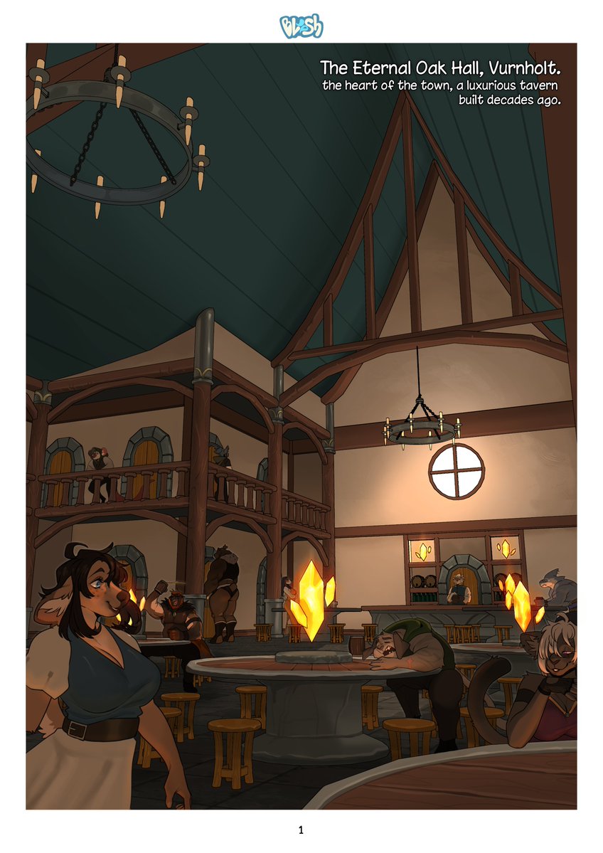 Blu_esh's tweet photo. Between the clamor of the tavern and the secrets of The Silk Canopy, life in Vurnholt isn't easy for anyone. Tharok, a seasoned and reserved hunter, returns from the wilds laden with spoils and his mind set on a single person. Syl, a former kitsune stripped of his mystical essence by tragedy, has found in the brothel more than just a sanctuary—a place where he can finally feel safe again. In this story of trust, flesh, and loyalty, a simple encounter will reveal the deep roots binding a solitary beast to the silk of his past.

I'm excited to share this story with you all!
This is the first comic I've made for myself (At least the first one I put too much effort into)
The first six pages are already available!
I hope to be able to post more pages regularly, hope you like it!

You can see content like this earlier in my P-site for just 2$!