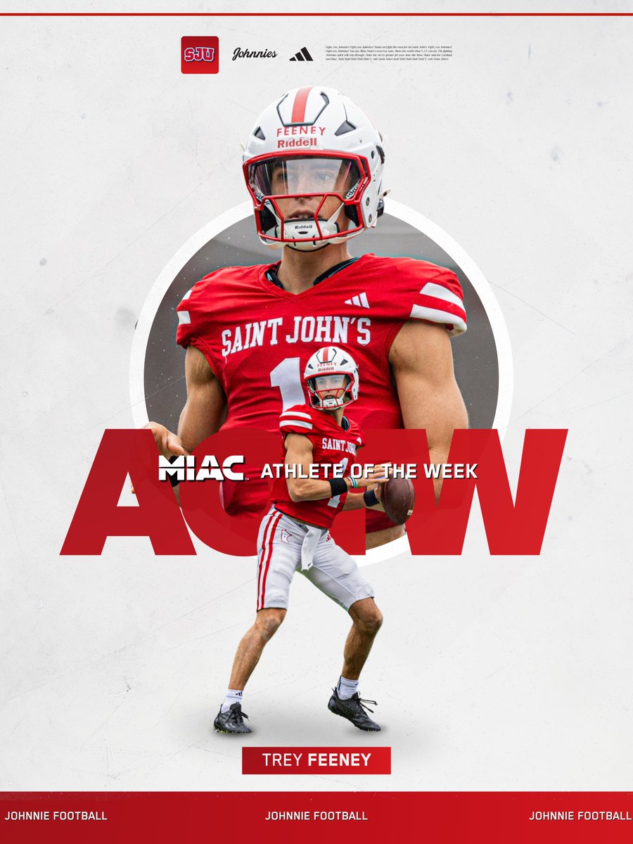 SJUJohnnies's tweet photo. Congratulations to @SJUFootball senior quarterback Trey Feeney, who today was named The House Food &amp; Tap's SJU Athlete of the Week, as well as the @MIACathletics Offensive Player of the Week for the 2nd time in 3 weeks!

RELEASE: https://t.co/EdfZ30xxJr

#GoJohnnies | #d3fb https://t.co/obNwiqIEyt