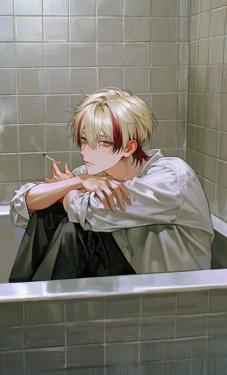 min_sj12's tweet photo. " 인간 실격 "

[ 프롬 공유 ]

손 찐빠 심해요
Novel ai, Niji 테스트 못 해봤습니다

crouched seated composition inside a bathtub, subject compactly folded with knees drawn up, body positioned slightly off-center, side three-quarter view, eye-level camera, medium-wide shot, one arm resting casually on the raised knee while the other hand holds a cigarette near the face, bathtub rim creating a strong horizontal foreground line, tiled bathroom walls filling the background, subject framed by the bathtub and surrounding walls, visible negative space above and beside the subject, layered foreground and background, intimate enclosed framing, natural perspective, cinematic composition

모델: @seoloneir @eueu5332 @Ru_belS2 
감사합니다