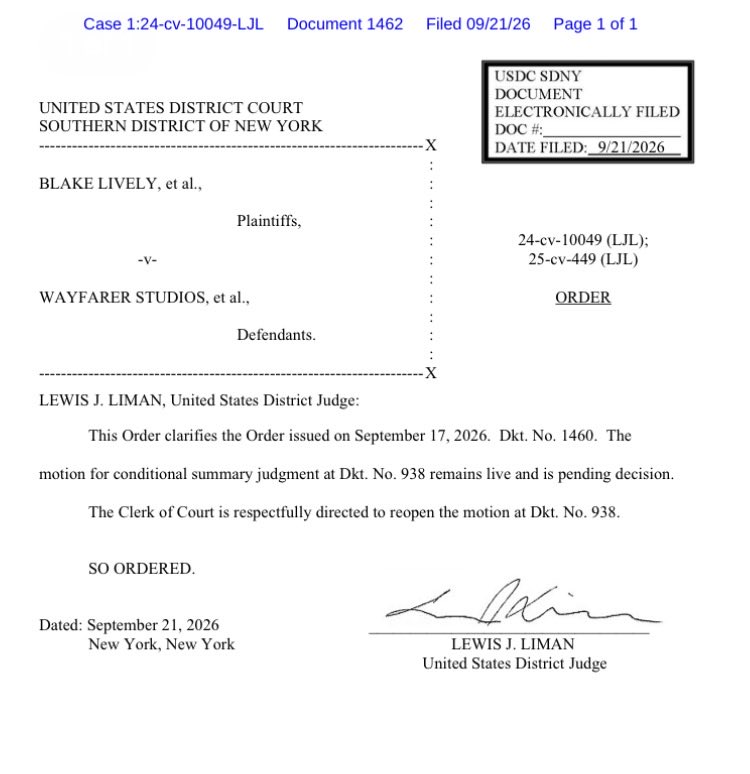 schatow's tweet photo. ORDER RE: JA’S MOTION FOR CONDITIONAL SUMMARY JUDGEMENT

… Abel’s motion for conditional summary judgment at Dkt. No. 938 remains live and is pending decision.

#JonesvsAbel #StephanieJones #Jonesworks #BlakeLively #LivelyvsBaldoni