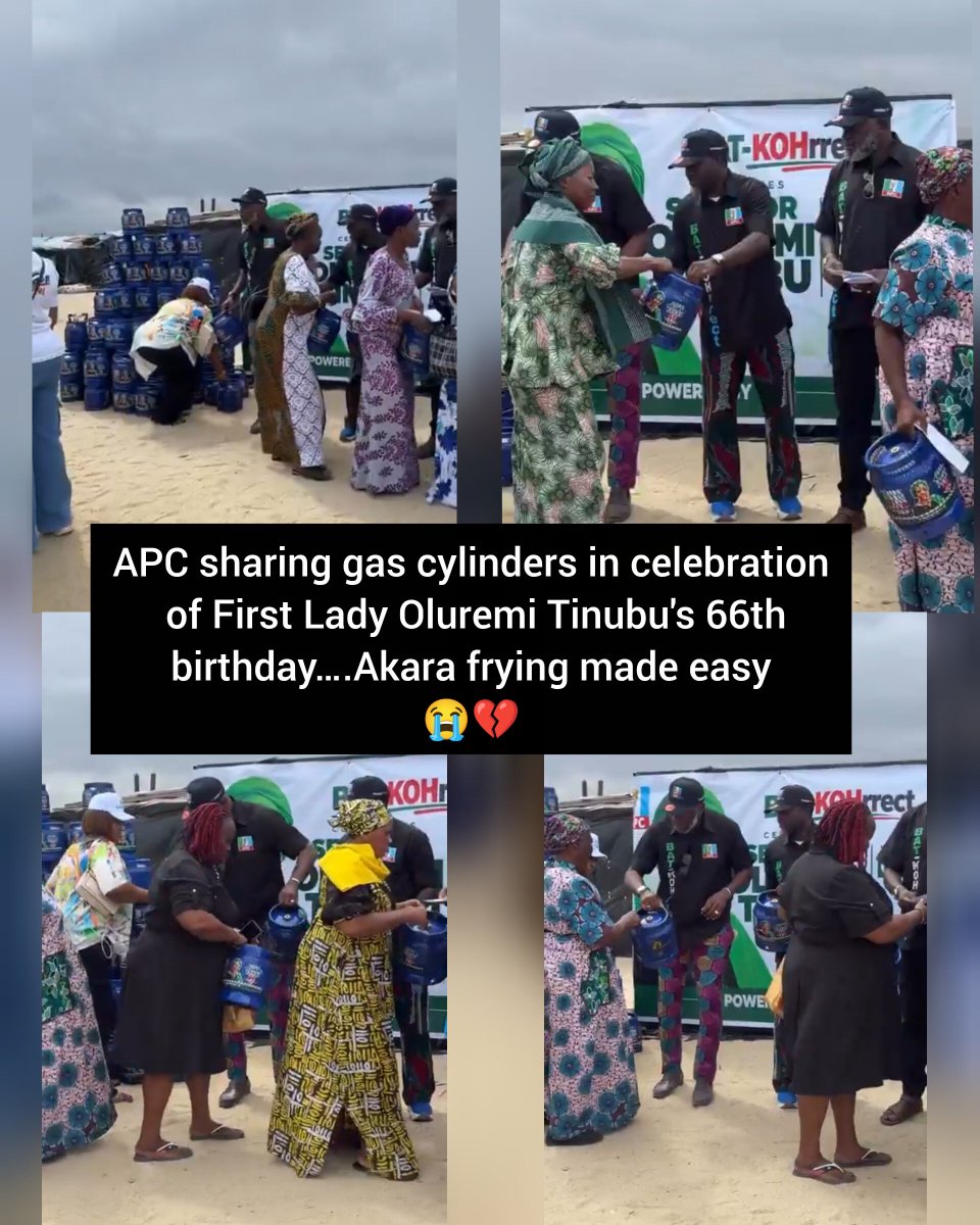 peridotloaded's tweet photo. Grassroots Celebration: APC Distributes Cooking Gas Cylinders in Honor of First Lady Oluremi Tinubu
A viral video circulating across social media platforms captures a grassroots outreach event organized by support groups of the ruling All Progressives Congress (APC). The event features the distribution of brand-new cooking gas cylinders to local women and community members in celebration of Nigeria's First Lady, Senator Oluremi Tinubu.
Direct Grassroots Support in Action
The footage shows an outdoor gathering setup with a large backdrop banner marked "BAT-KOHrrect", featuring the image of First Lady Oluremi Tinubu alongside bold event branding.

Key details observed in the video include:
 * Organizers: Officials and volunteers wearing matching black polo shirts and branded baseball caps bearing the "BAT-KOHrrect" initiative name.

 * Distribution Process: Men and women lined up across the sandy venue ground to receive blue cooking gas cylinders.
 * Orderly Handover: Beneficiaries—predominantly women dressed in colorful traditional attire—orderly step forward to receive their gas cylinders directly from organizers alongside identification/claim cards.
 * Substantial Supply: Stacks of additional blue gas cylinders remain piled nearby in the background, signaling a large-scale distribution effort aimed at empowering local households.
Community Impact and Clean Energy Drive
Initiatives providing domestic cooking gas cylinders aim to promote clean cooking solutions at the household level while providing direct welfare support. By replacing firewood or kerosene with Liquefied Petroleum Gas (LPG), such outreach programs support environmental sustainability, reduce indoor pollution, and alleviate daily household burdens for women across local communities.
The festive atmosphere in the video highlights the intersection of political celebration and community-focused outreach, drawing significant engagement and conversation online.