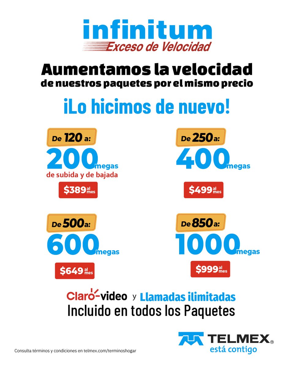 infinitum's tweet photo. ⚡ ¡Más velocidad, por el mismo precio!

¡Lo hicimos de nuevo! En Telmex aumentamos la velocidad de nuestros Paquetes Infinitum sin cambiar el precio.

Más velocidad para 🎬 disfrutar, 💻 trabajar, 🎮 jugar, 📚 estudiar y 📱 conectar todos tus dispositivos.

Conoce más aquí: https://t.co/kbxUllPta5