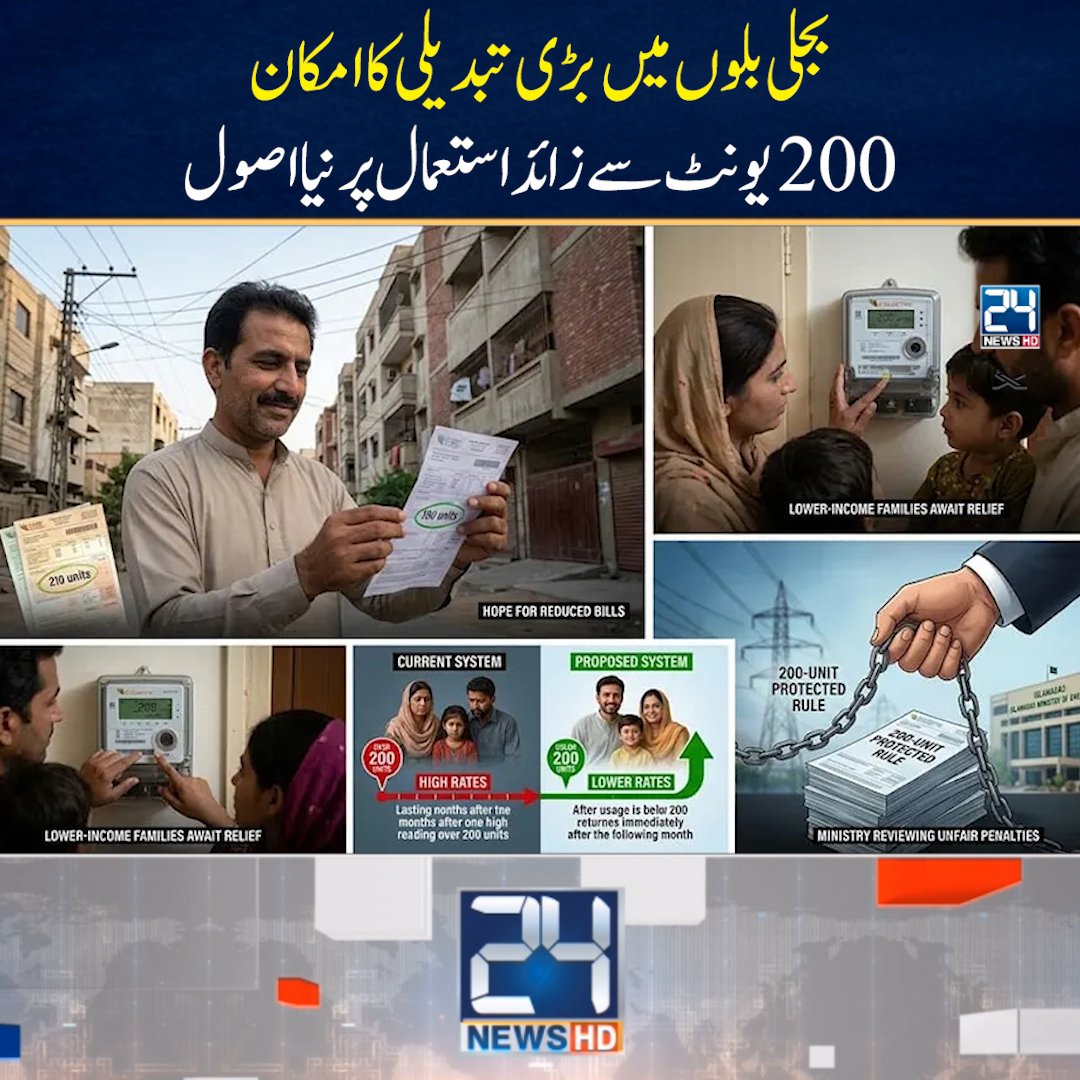 24NewsHD's tweet photo. 200 یونٹ سے زیادہ بجلی استعمال کرنے والوں کیلئے بڑی خبر، نیا بلنگ فارمولا زیرِ غور

پاور ڈویژن نے بجلی کے نان پروٹیکٹڈ گھریلو صارفین کو ریلیف دینے کی تجویز پر غور شروع کردیا۔ ذرائع کے مطابق پاور ڈویژن نے پروٹیکٹڈ فارمولے پر نظرثانی کا فیصلہ کرلیا، جس ماہ 200 یونٹ سے زیادہ بجلی استعمال  ہوگی اضافی نرخ بھی اسی ماہ لئے جائیں گے، 5 ماہ تک اضافی ادائیگیاں نہیں کرنی پڑے گی۔ ذرائع کے مطابق 200 یونٹ سے زیادہ بجلی استعمال پر اضافی ریٹ اسی ماہ لینے کی تجویز ہے، موجودہ فارمولے کے تحت پروٹیکٹڈ صارف کو 6 ماہ تک اضافی ادائیگی کرنا پڑتی ہے۔ صرف ایک بار 200 یونٹ سے زیادہ بجلی استعمال پر پروٹیکٹڈ کیٹگری ختم کردی جاتی ہے، پروٹیکٹڈ صارف کو بھی اگلے 5 ماہ تک کم یونٹس کے باوجود اضافی نرخ ادا کرنے پڑتے ہیں۔