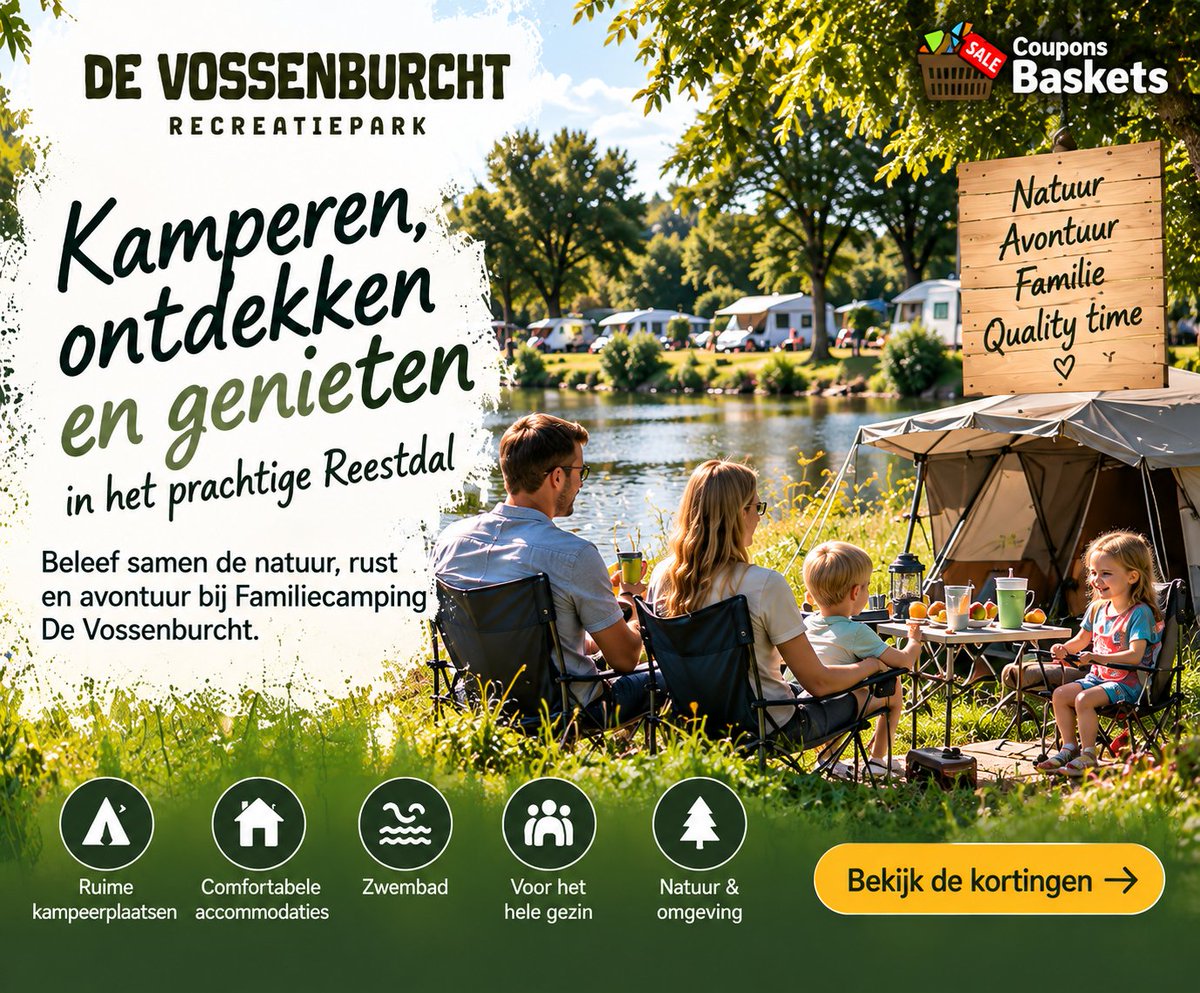 couponsbaskets's tweet photo. Kamperen, fietsen, spelen, zwemmen en samen genieten van de natuur in het prachtige Reestdal. Bij De Vossenburcht Recreatiepark draait het om natuur, avontuur en quality time met het gezin.

Bekijk de beschikbare kortingen via Coupons Baskets.

#DeVossenburcht #Kamperen https://t.co/ZawbIFe4OE