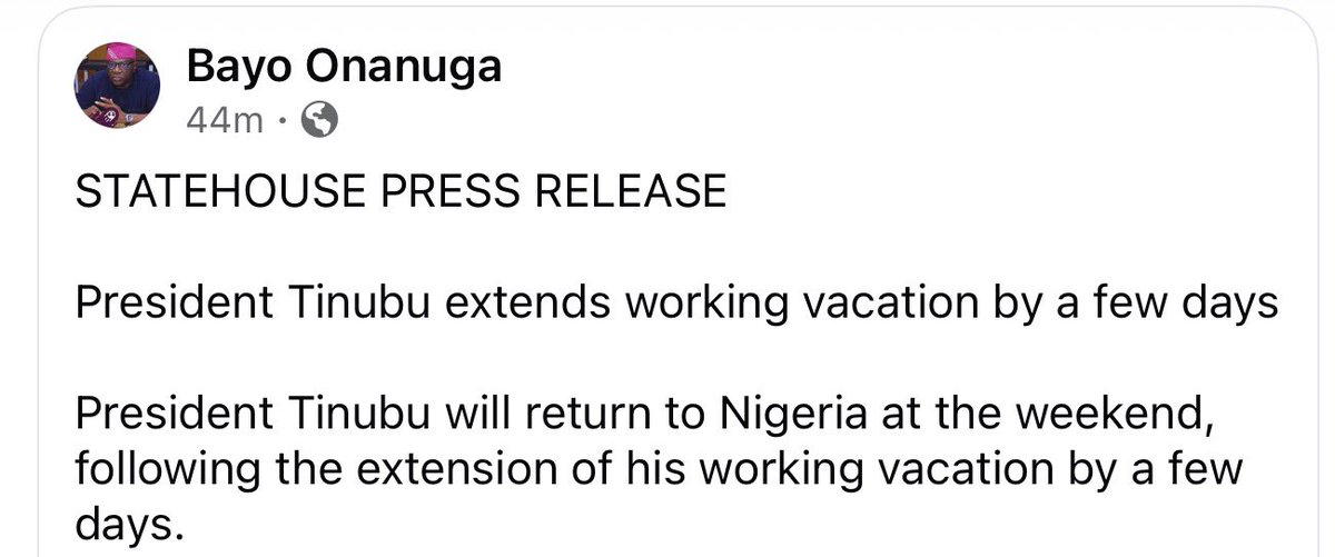 sowore's tweet photo. Soon as I raised the real reason Tinubu couldn’t go to #UNGA, even when his so-called host, @EmmanuelMacron had left for #UNGA, Tinubu @officialABAT announced he would extend his vacation by a few more days I am certain this was to get more medical treatment and then return to Nigeria packaged for a re-selection they’ve been planning all along for 2027. 

In all these, not a single word about handing over to anyone as his VP is also in New York for the annual UN jamboree. But things are not going to be the same going forward; the lies, deception and subterfuge have collapsed. #TinubuMustGo