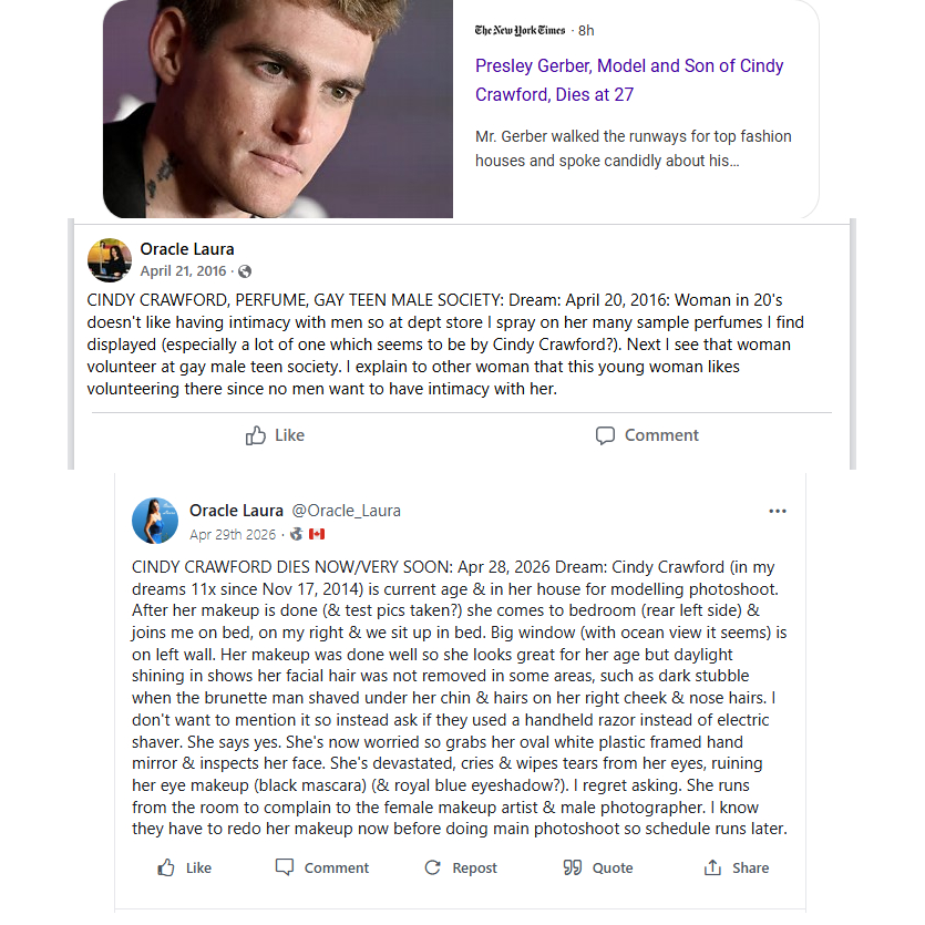 OracleLaura's tweet photo. Yes, I've known for over 10 years that Cindy Crawford's son Presley Gerber will die in 2026 at age 27.

(And no, her daughter Kaia was never "possessed by a demon".)

#presleygerber #cindycrawford #familycounselling #counseling #familycounseling #kaiagerber https://t.co/QV1HB4jwXi